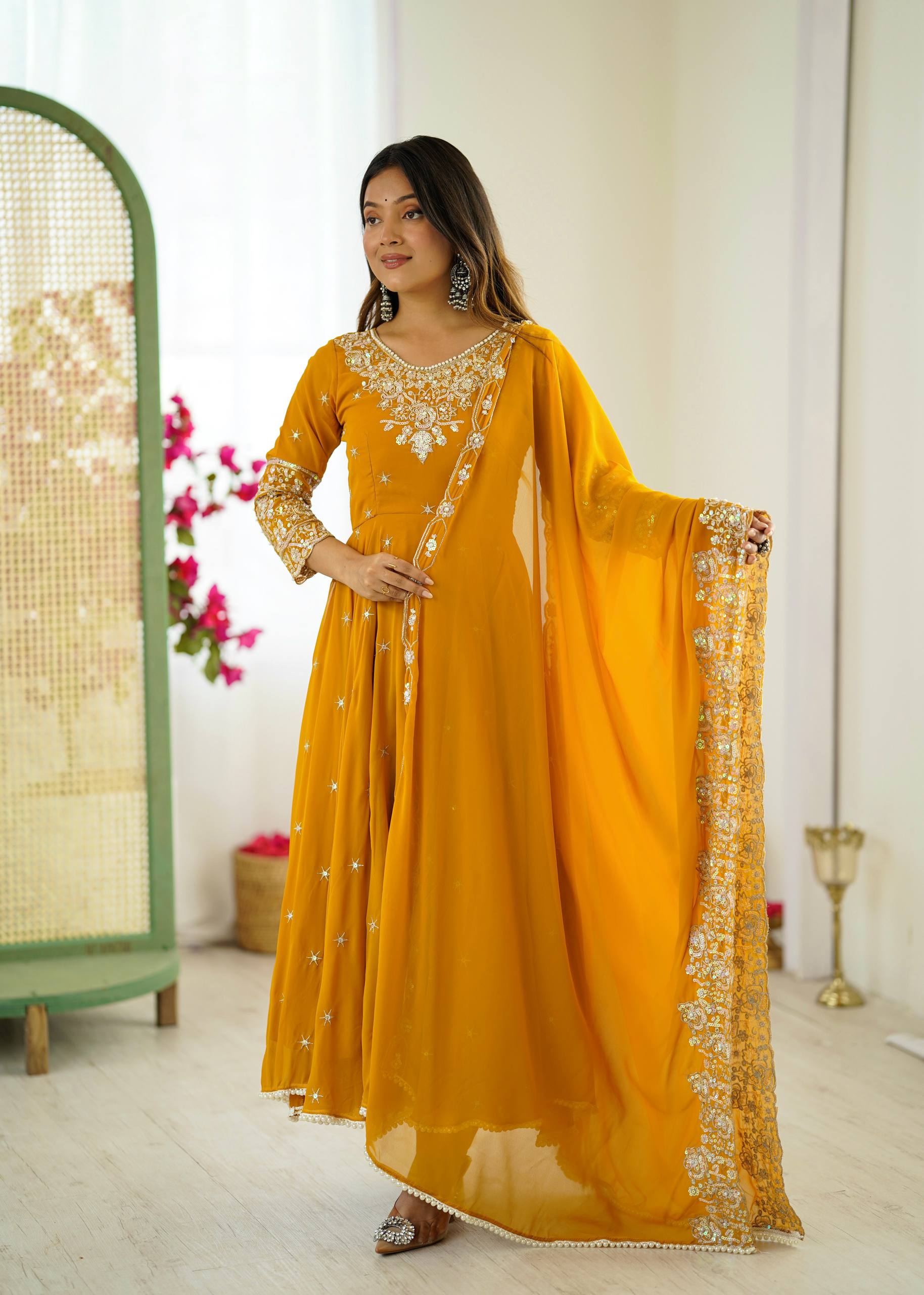 Prazu Fashion Yellow Georgette Embroidered With Moti Work Anarkali Suit | Grocsy
