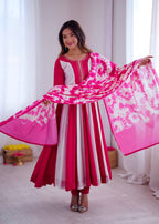 Prazu Fashion Pink And White Roman Silk Embroidery With Digital Print Work Kurta Suit | Grocsy