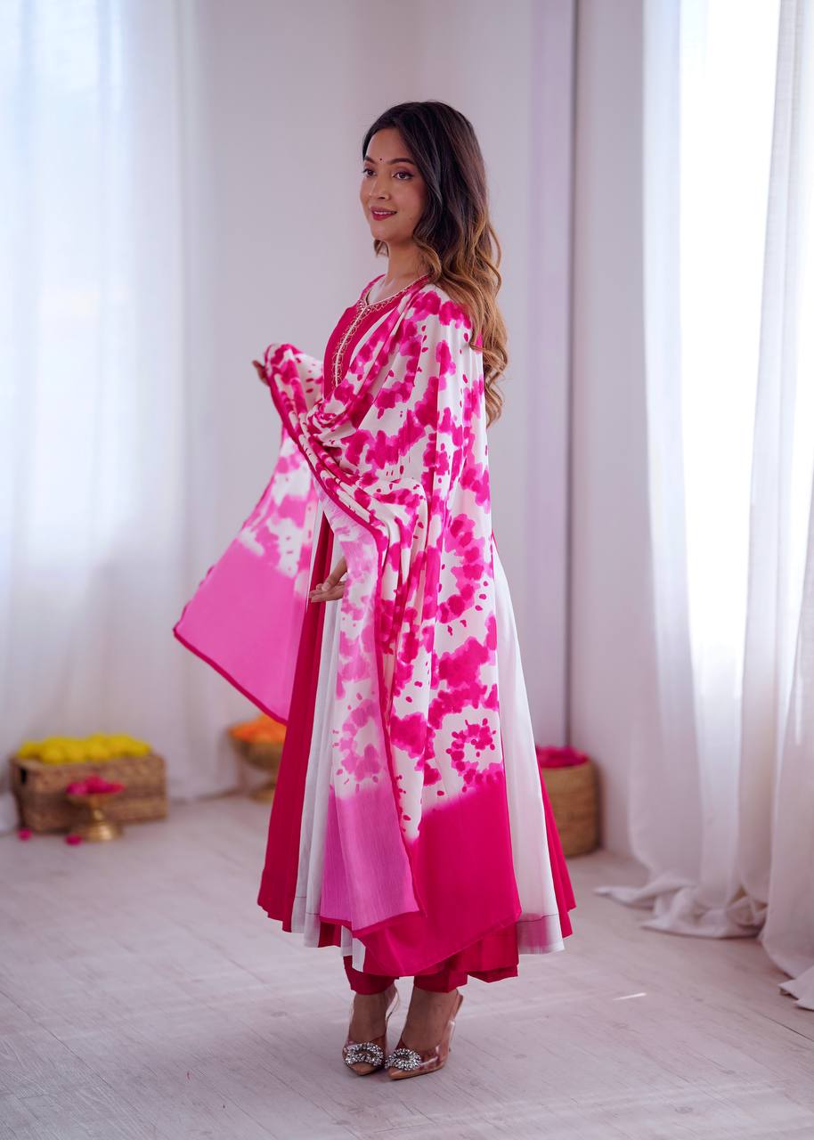 Prazu Fashion Pink And White Roman Silk Embroidery With Digital Print Work Kurta Suit | Grocsy
