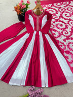 Prazu Fashion Pink And White Roman Silk Embroidery With Digital Print Work Kurta Suit | Grocsy