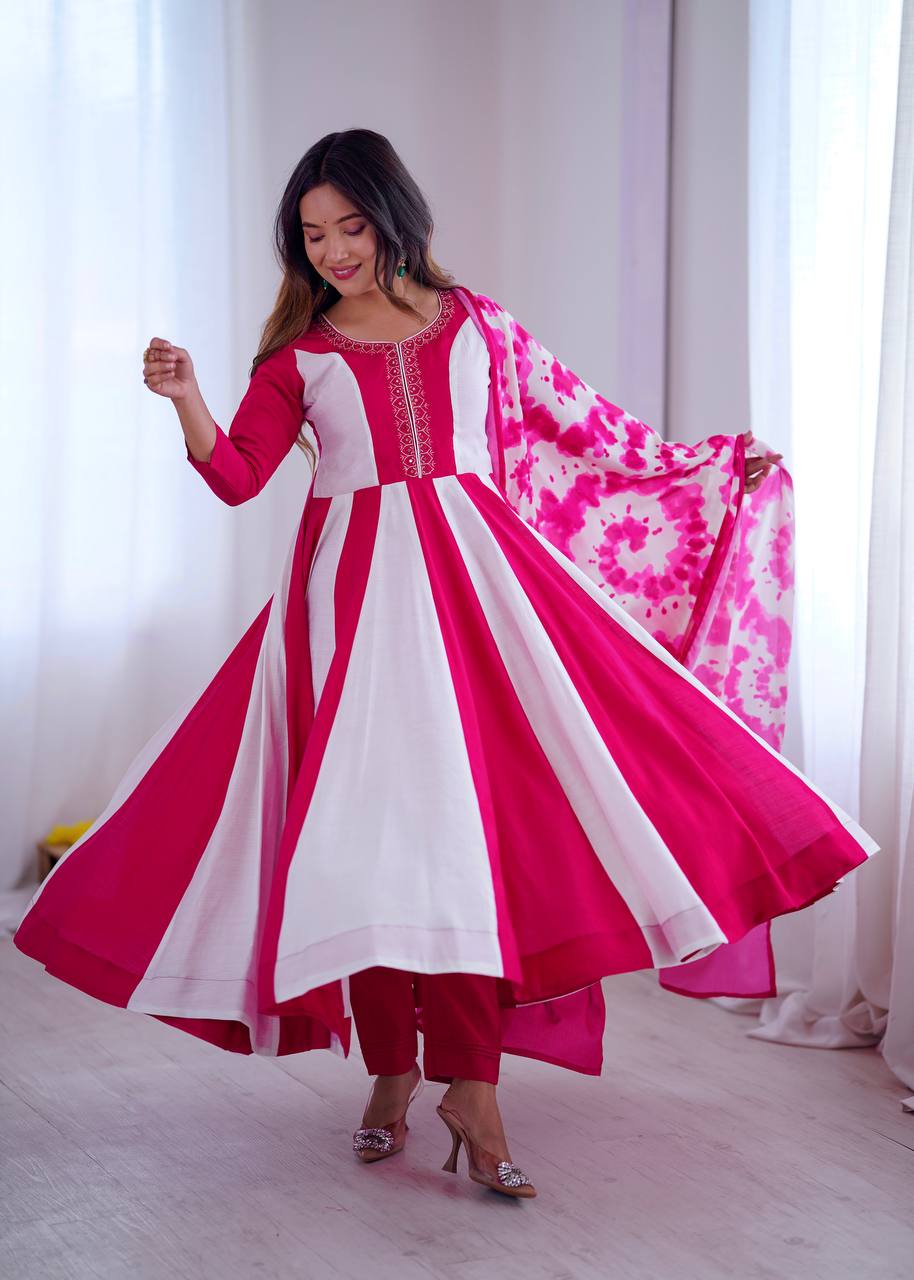 Prazu Fashion Pink And White Roman Silk Embroidery With Digital Print Work Kurta Suit | Grocsy