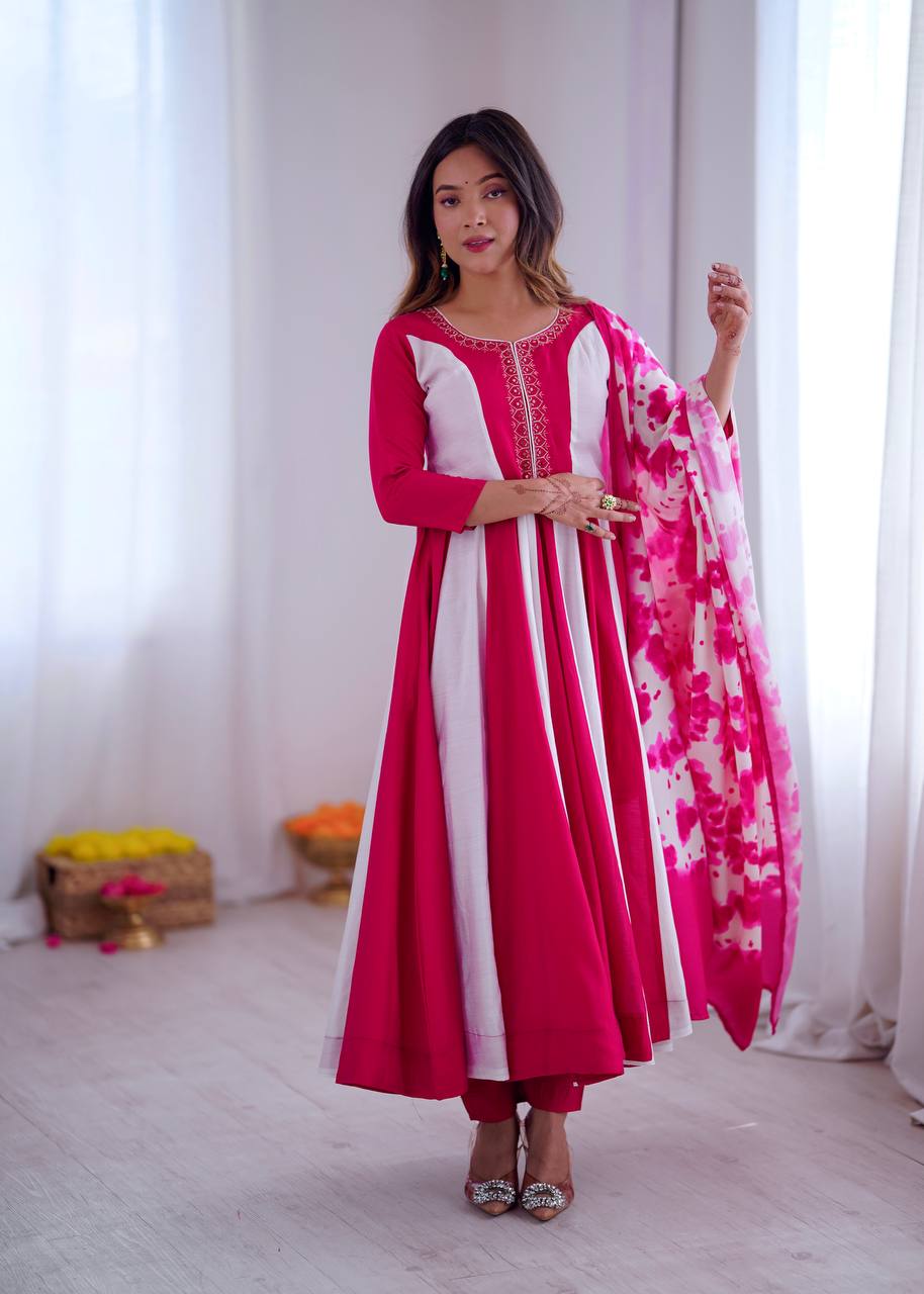 Prazu Fashion Pink And White Roman Silk Embroidery With Digital Print Work Kurta Suit | Grocsy