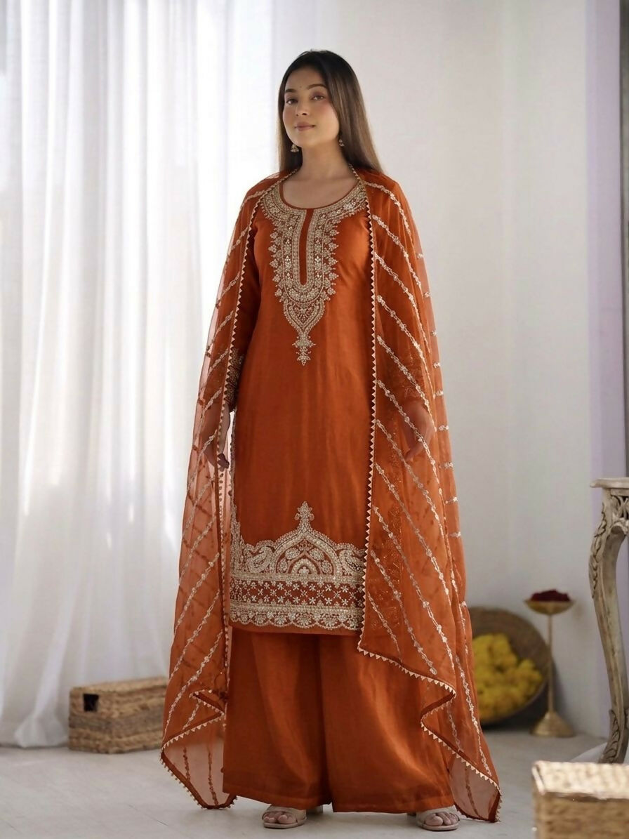 Teeya Creation New latest Trendy Embroidery Beads Work Kurta Sharara Set - Orange | Grocsy