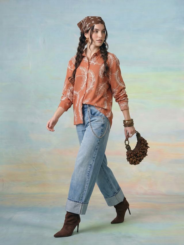 Janasya Rust Shirt Rayon Top | Grocsy
