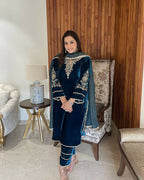 Vastranavya Teal Velvet Cording Sequence Embroidery Work Suit With Dupatta | Grocsy