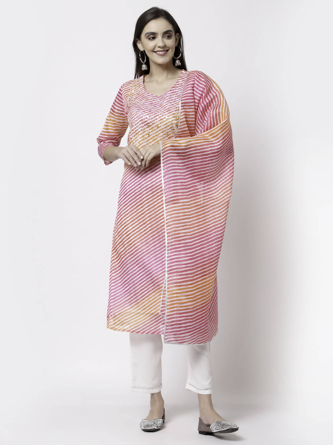Myshka Pink Pure Cotton Printed 3/4 Sleeve Round Neck Kurta Pant Dupatta Set | Grocsy