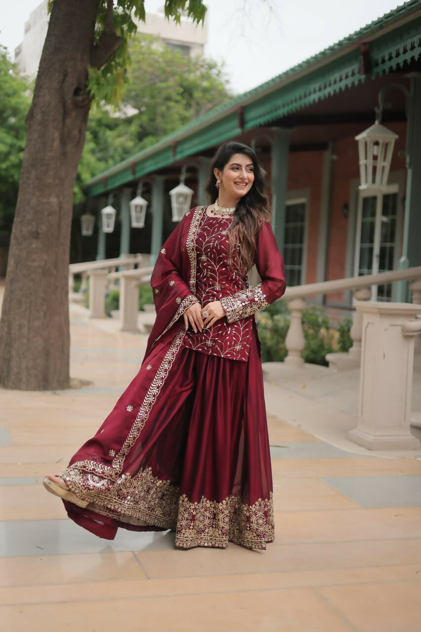 Vastranavya Premium Designer Heavy Sequins & Thread Embroidered work Kurti Palazzo & Dupatta - Maroon | Grocsy
