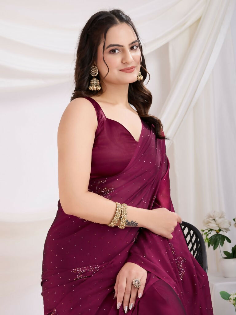 Maroon Rangoli Silk Diamond Work Ready To Wear Saree - Tamana | Grocsy