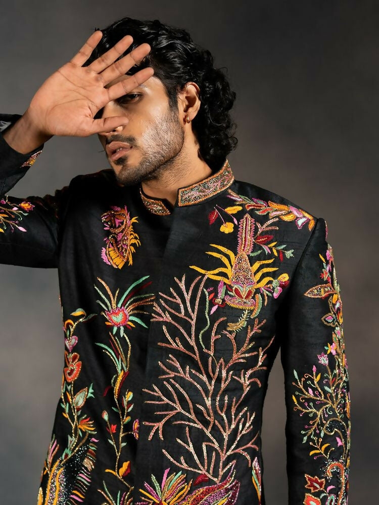 Black Tides Hand Embroidered Indowestern Sherwani by Hilo Design | Grocsy
