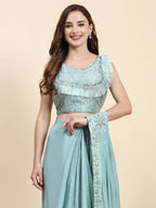 Sky Blue Silk Satin Solid Ready to wear Saree with stitched Blouse - Satiksha | Grocsy