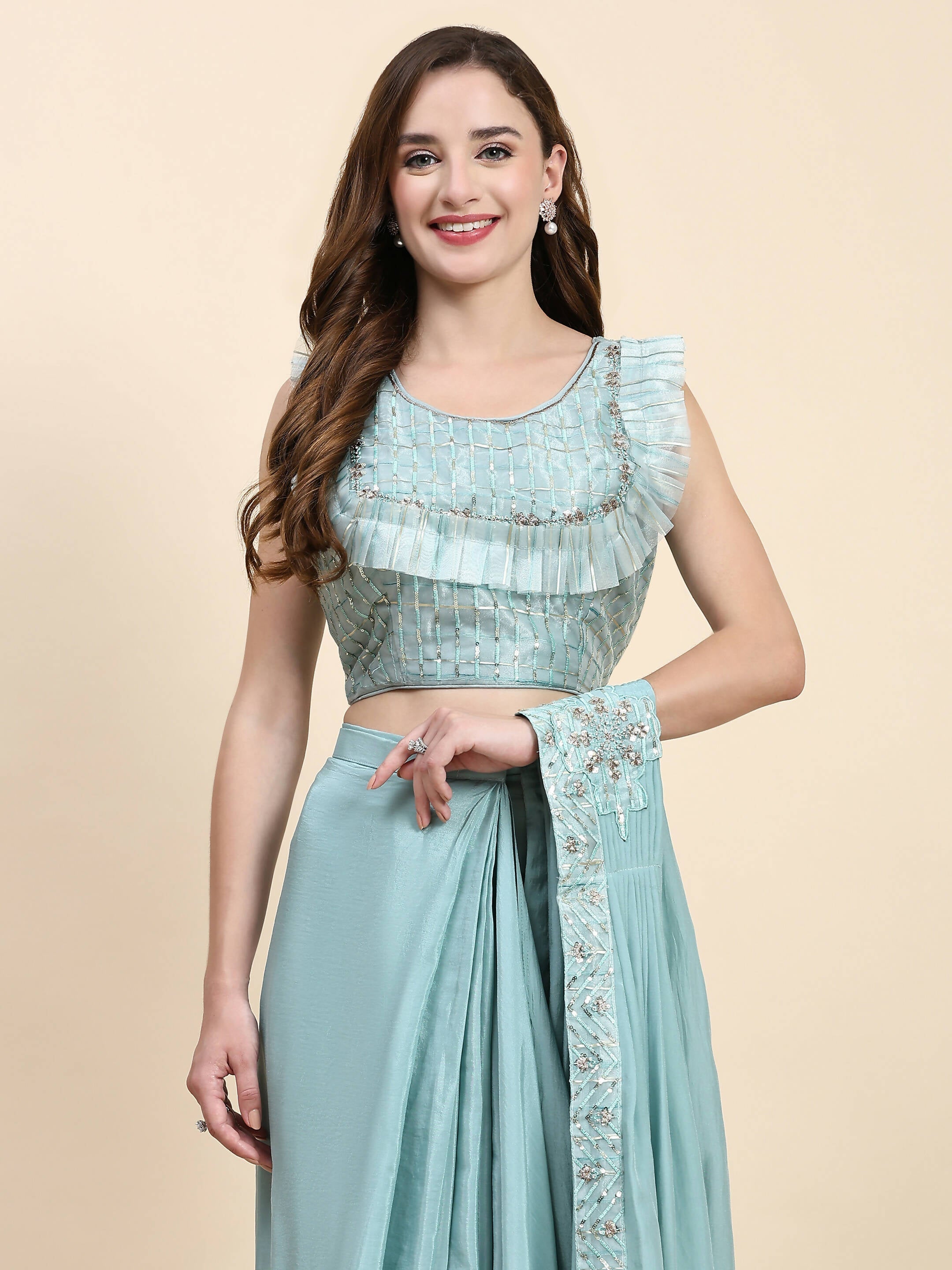 Sky Blue Silk Satin Solid Ready to wear Saree with stitched Blouse - Satiksha | Grocsy