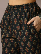 Myshka Women's Black Printed Cotton Straight Party Kurta Set | Grocsy