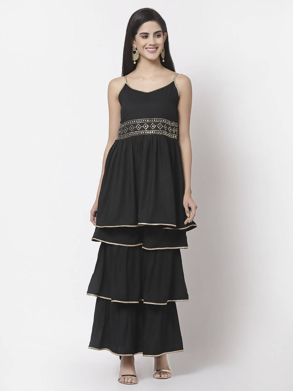 Myshka Women Black Rayon Solid Sleeveless Round Neck Kurta With Sharara & Dupatta Set | Grocsy