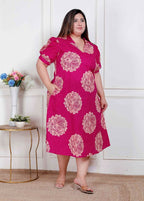Miravan Plus Size Womens Pink Printed Collar Neck Short Puff Sleeves Cotton A-Line Maxi Dress | Grocsy