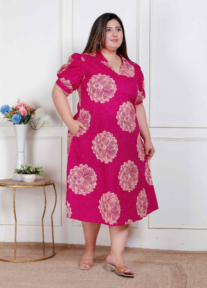 Miravan Plus Size Womens Pink Printed Collar Neck Short Puff Sleeves Cotton A-Line Maxi Dress | Grocsy