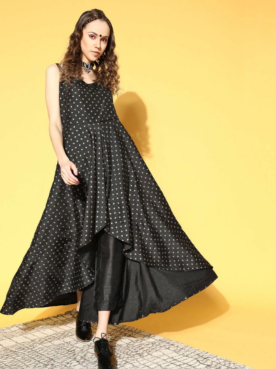 Ahalyaa Women Black Colour Poly Silk Gold Printed Kurta Pant Set | Grocsy
