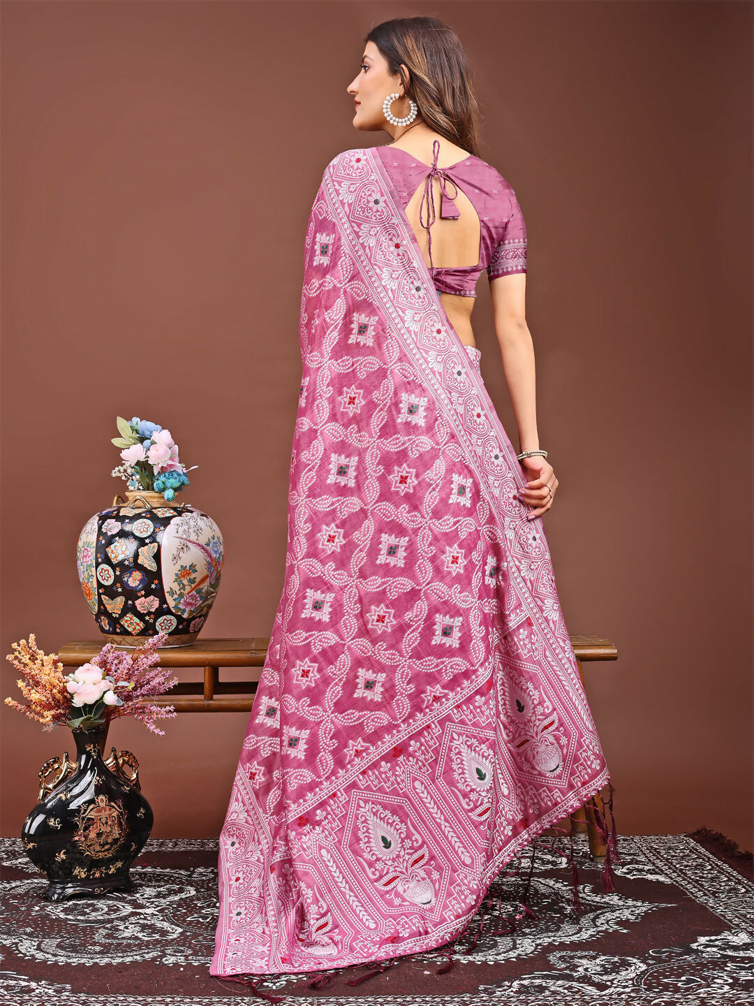 Shree Shyam Fashion Pankhuri Pink Linen Cotton Saree | Grocsy