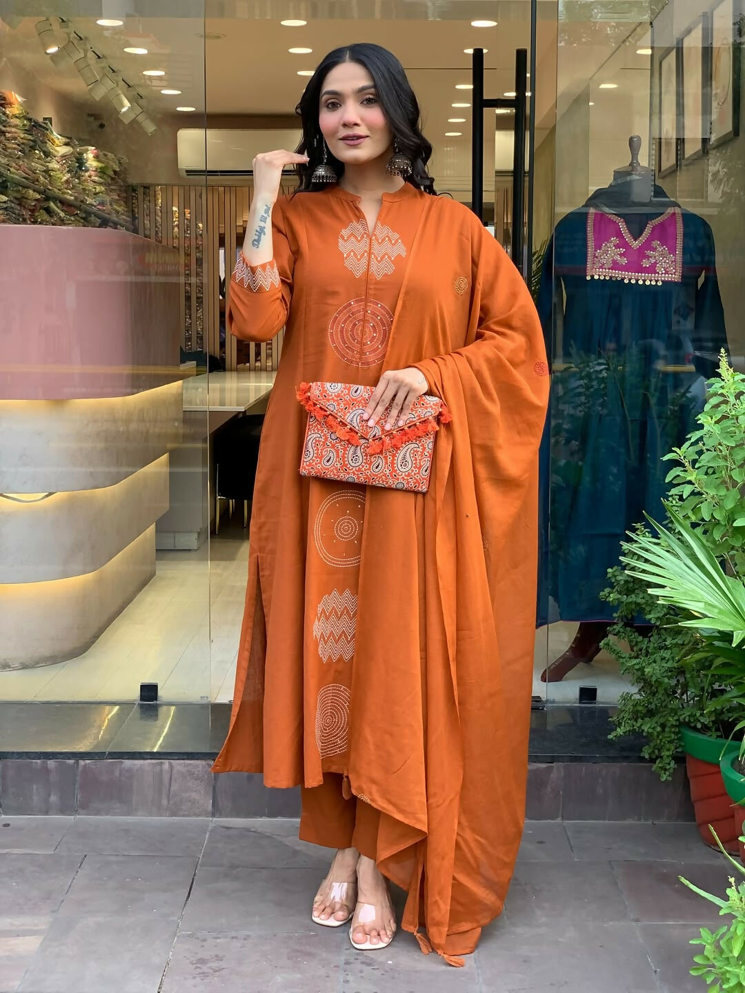 The52 Orange Women's Gorgeous Chanderi Fabric Embroidered Work Straight Kurta Pant and Dupatta Set | Grocsy