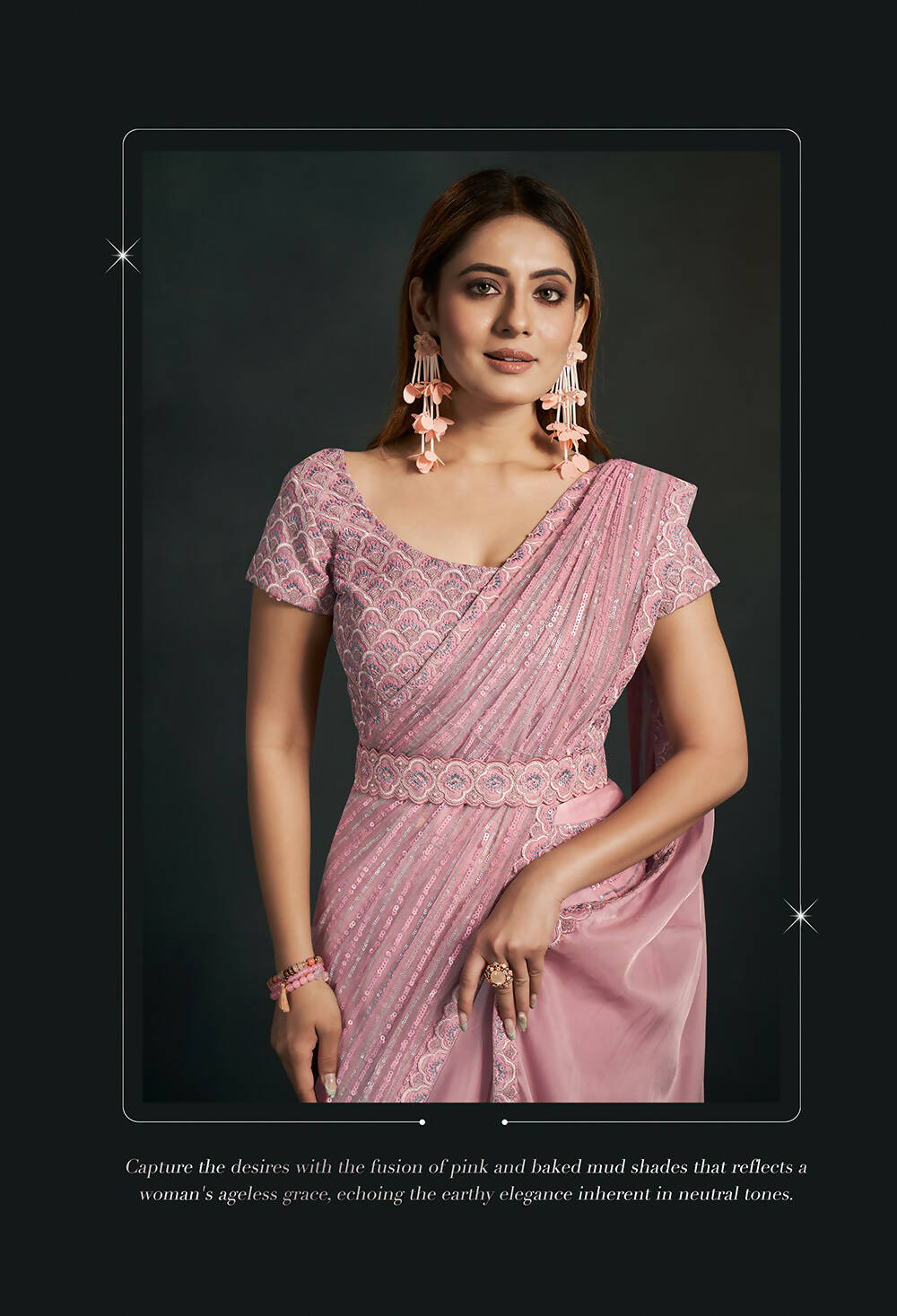 Light Pink Silk Crepe Satin Cord Sequence & Thread Embroidered & Stone Work Saree - Moh-Manthan Royal Enigma | Grocsy