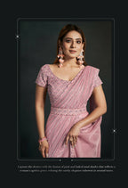 Light Pink Silk Crepe Satin Cord Sequence & Thread Embroidered & Stone Work Saree - Moh-Manthan Royal Enigma | Grocsy