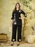 Teeya Creation Women Jet Black Embroidered Tunic & Pant Co-Ord Set | Grocsy