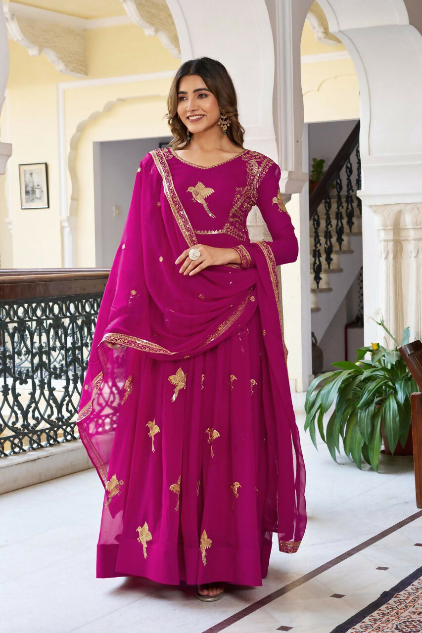 The52 Women's Gorgeous Faux Georgette Fabric Embroidery Work Flared Anarkali Pant and Dupatta Set | Grocsy
