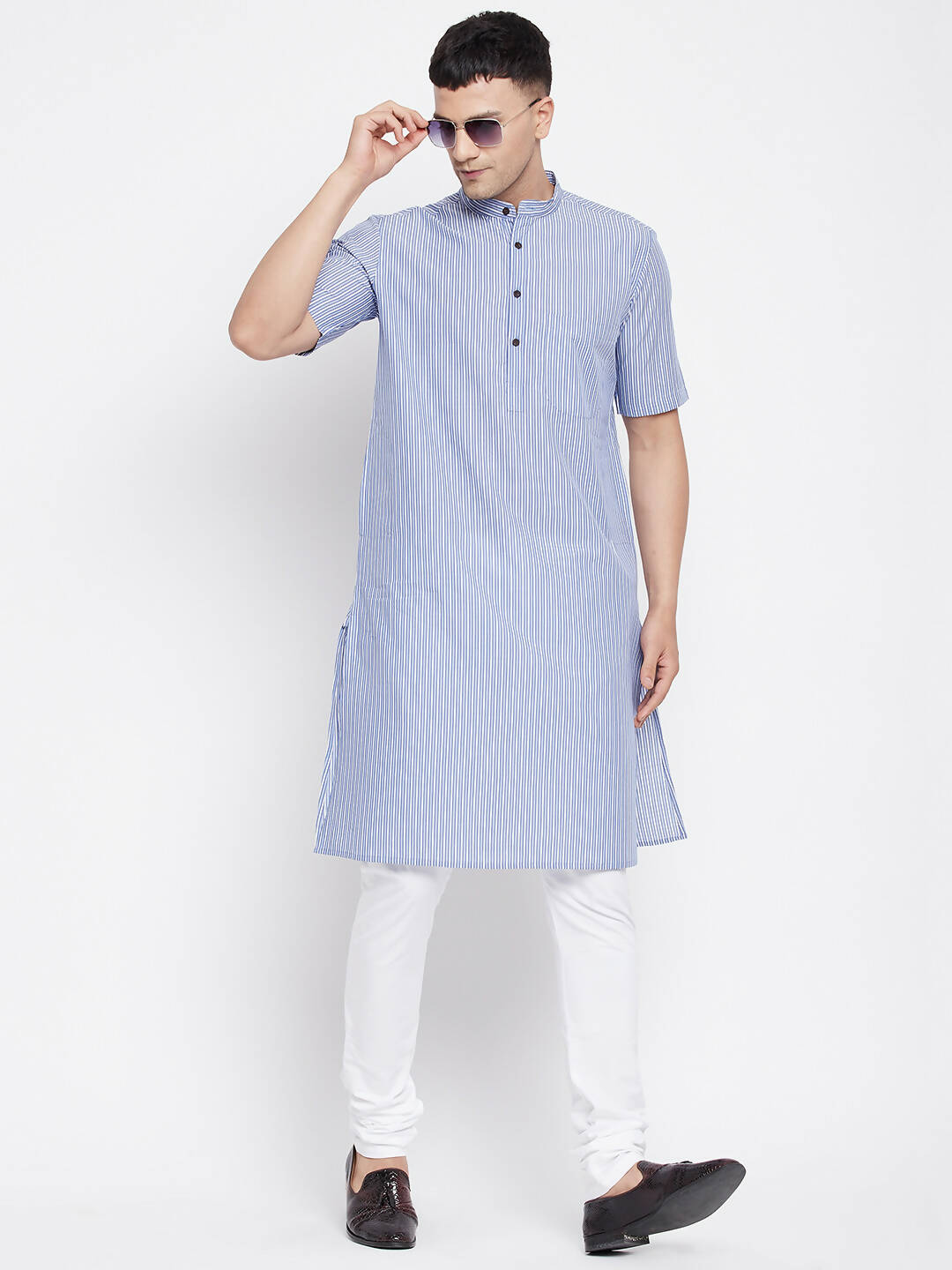 Even Apparels Blue Men's H/S Pure Cotton Kurta With Band Collar | Grocsy