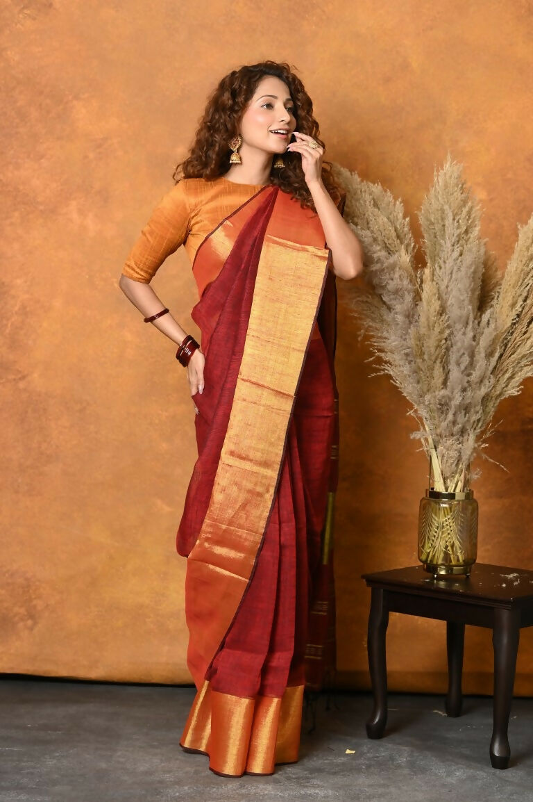 Very Much Indian Handloom Pure Cotton Linen Saree With Golden Border - Dark Maroon | Grocsy