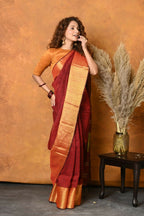 Very Much Indian Handloom Pure Cotton Linen Saree With Golden Border - Dark Maroon | Grocsy