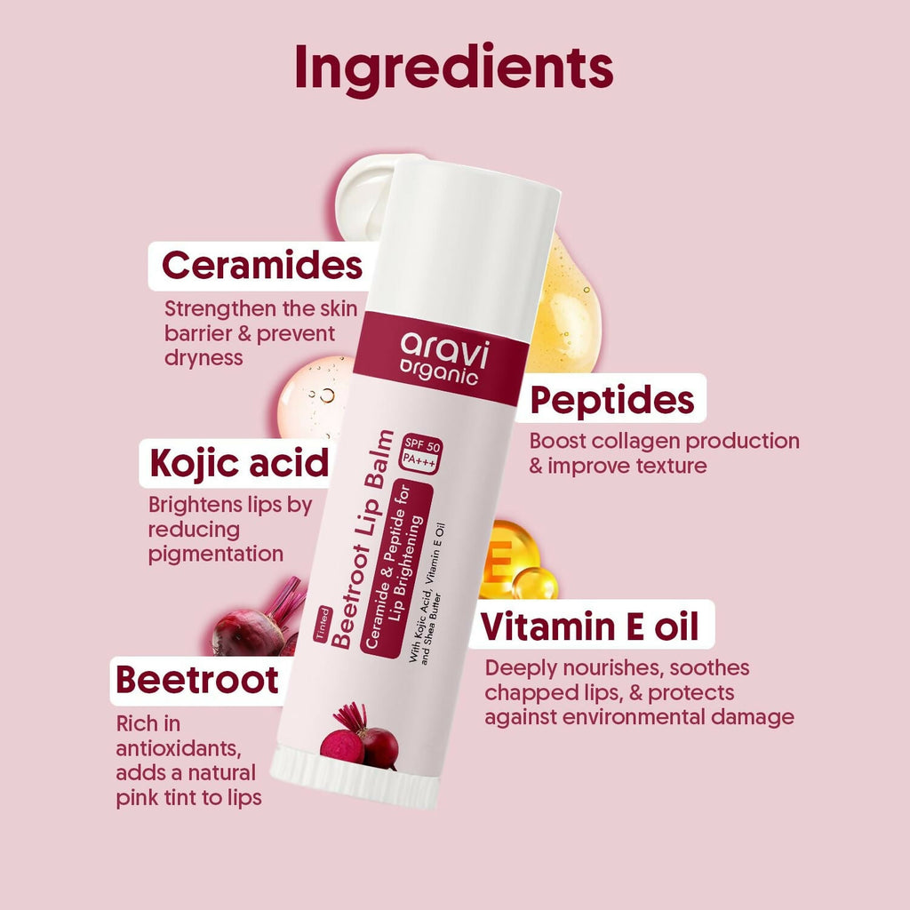 Aravi Organic Beetroot Tinted Lip Balm For Lip Brightening With SPF 50 PA+++ - Kojic Acid & Peptide | Grocsy