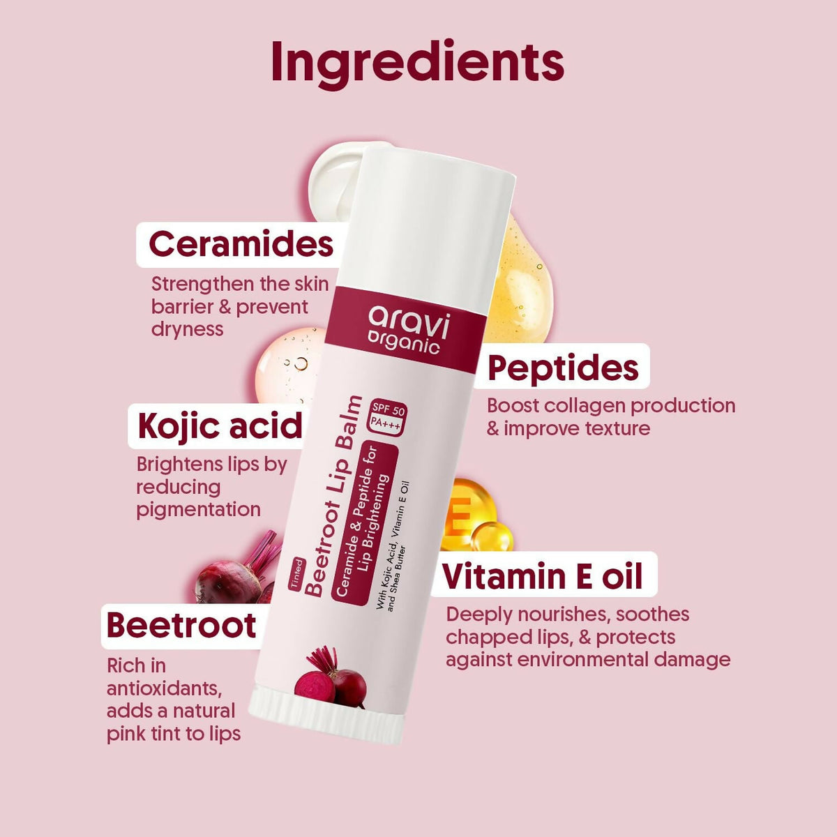 Aravi Organic Beetroot Tinted Lip Balm For Lip Brightening With SPF 50 PA+++ - Kojic Acid & Peptide | Grocsy