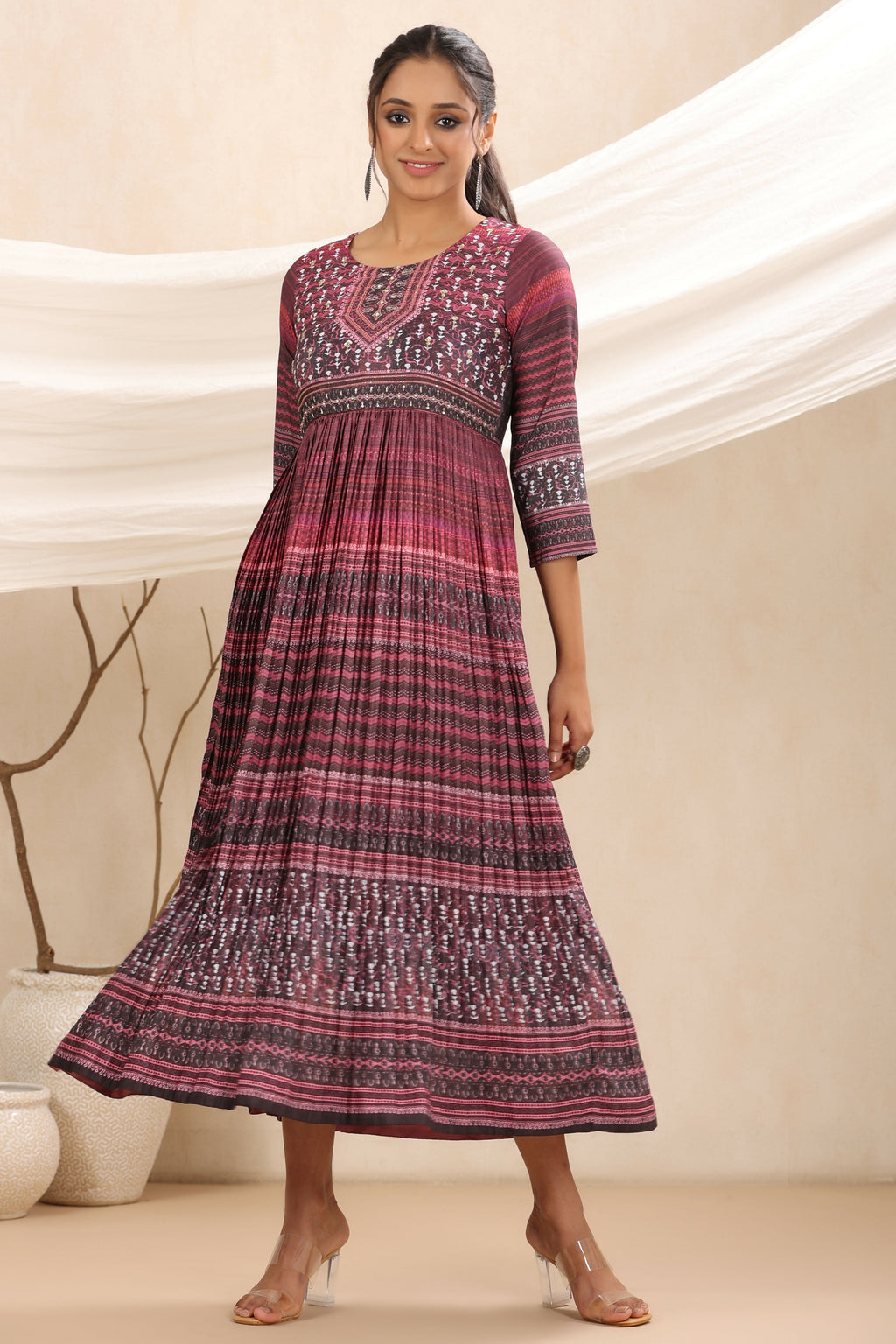 Juniper Purple muslin maxi dress with ethnic motif print with sequins & beads work | Grocsy