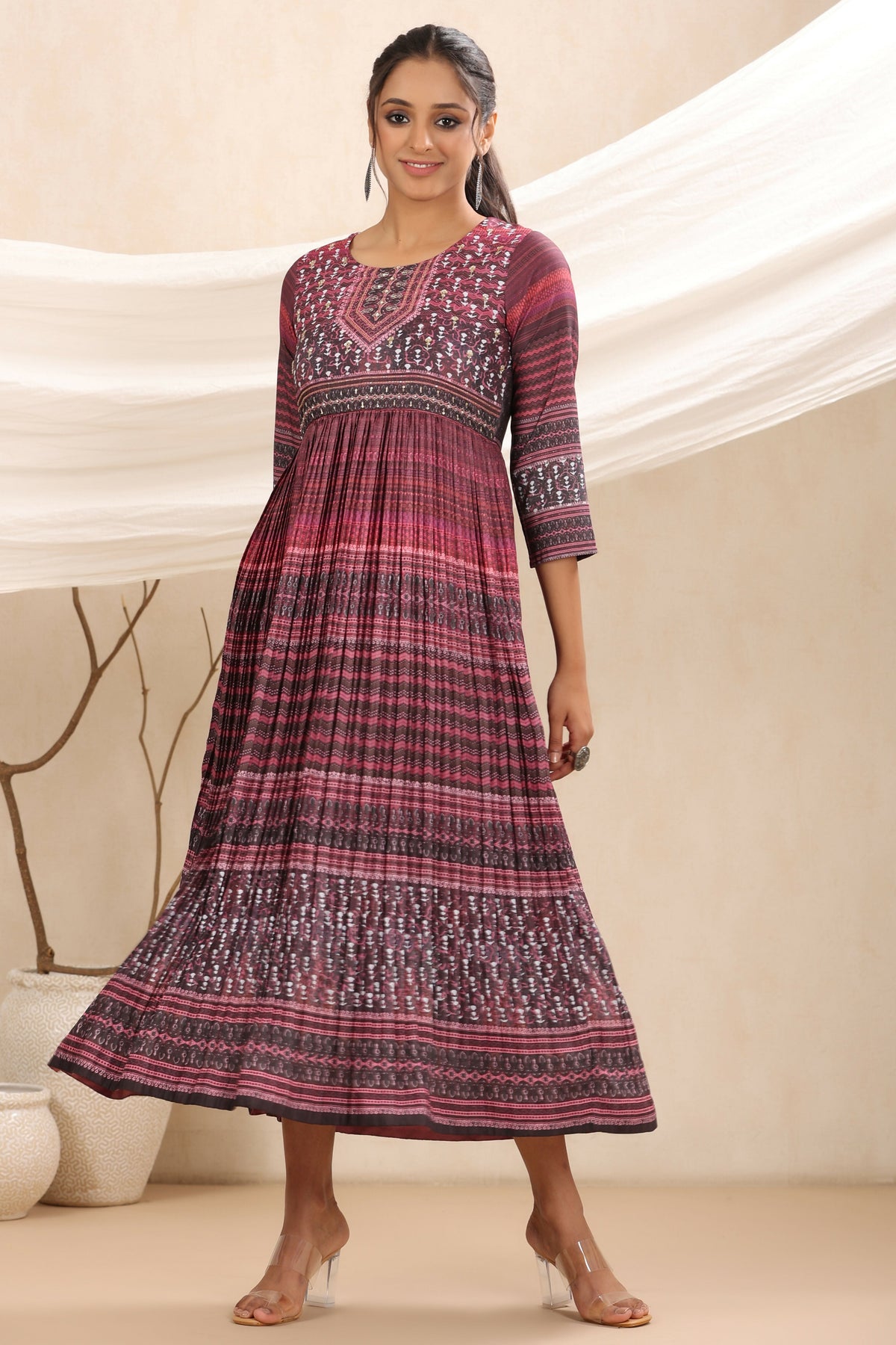 Juniper Purple muslin maxi dress with ethnic motif print with sequins & beads work | Grocsy