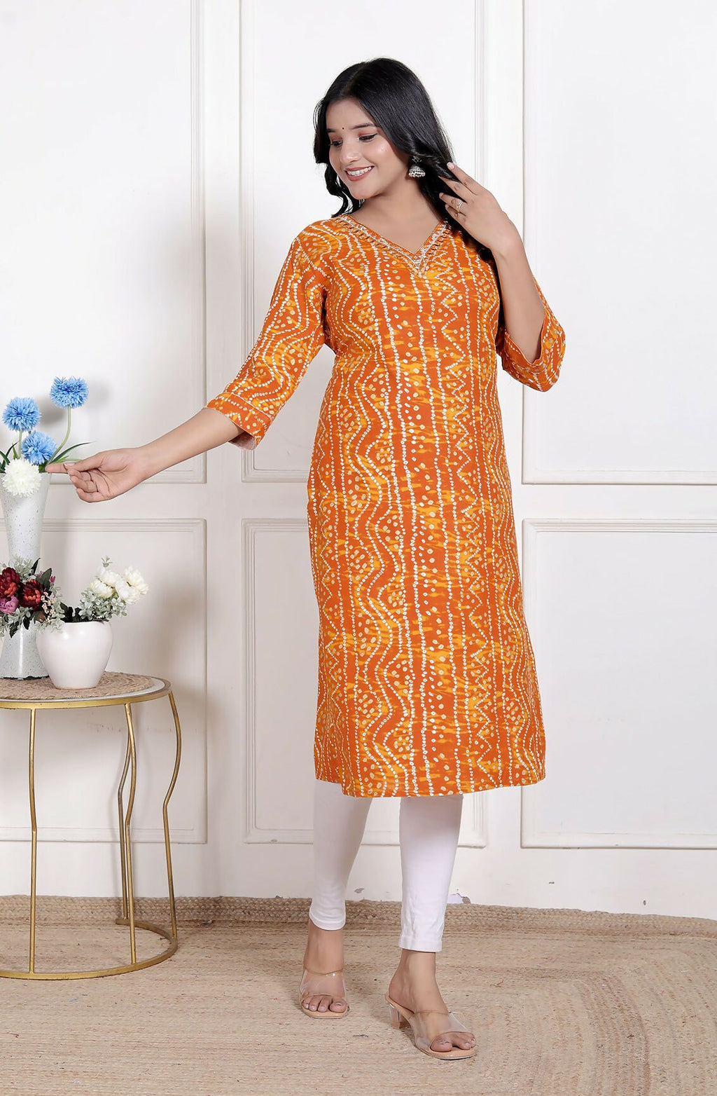 Miravan Womens Yellow Bandhani Printed Straight Kurti | Grocsy