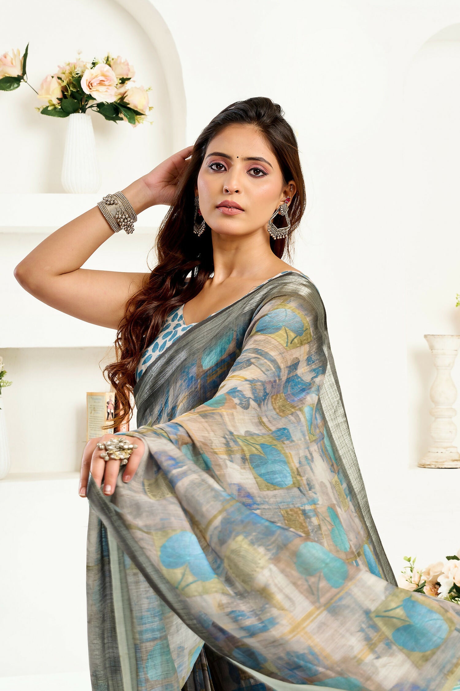 Joban Fashion  Dusty Brown Floral & Ethnic Motifs Linen Ready To Wear Saree With Unstitched Blouse | Grocsy