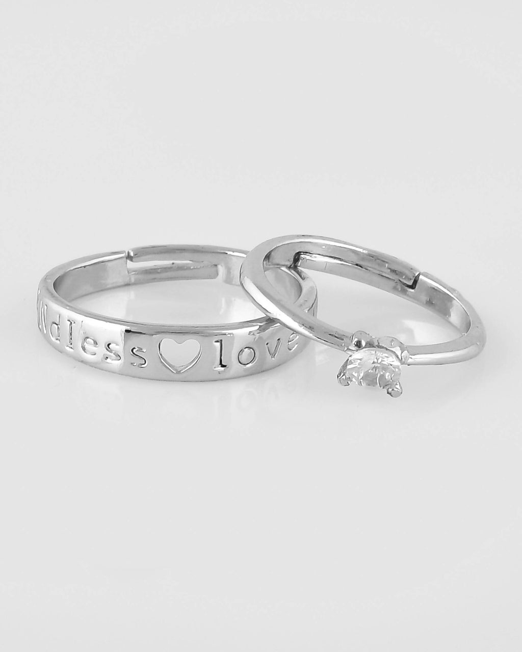 VOJ Stainless Steel Cubic Zirconia Silver Plated Adjustable Ring Set for Couple | Grocsy