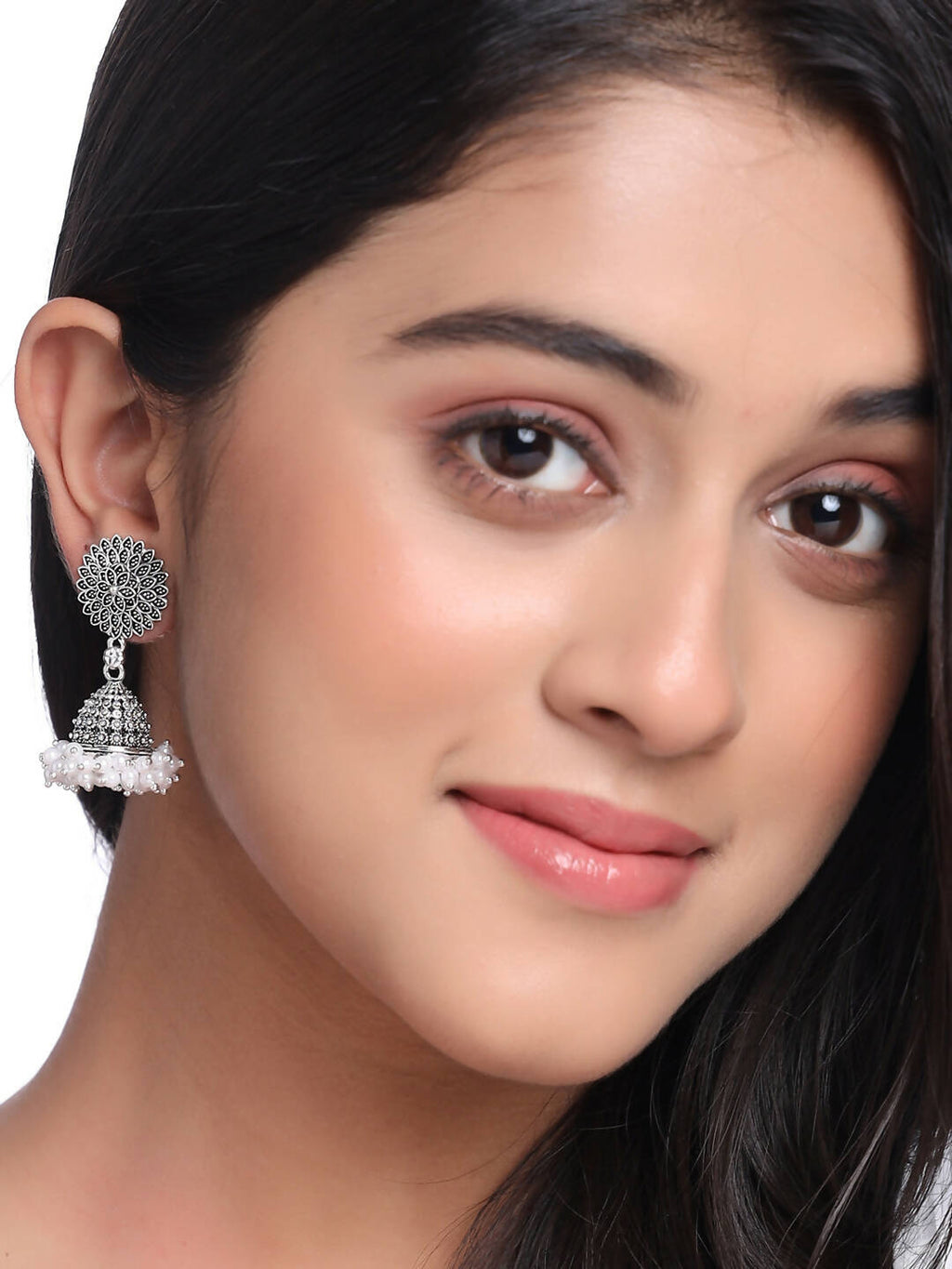 NVR Women Silver Toned Dome Shaped Jhumkas Earrings | Grocsy