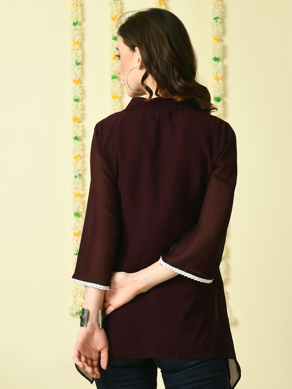 Myshka Women's Coffee Brown Embroidered Party Fusion Top | Grocsy
