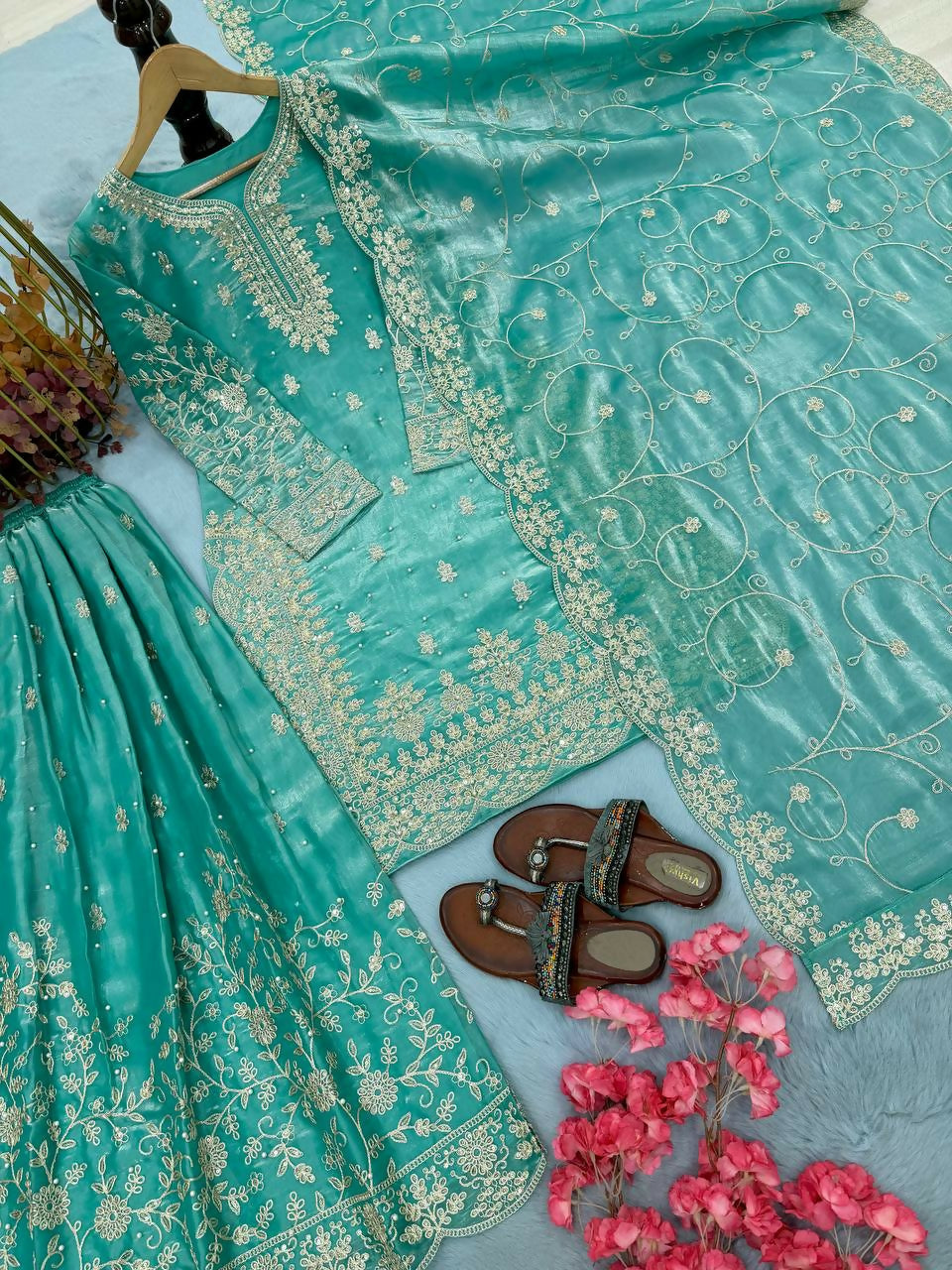 Teeya Creation Turquoise Pure Silk Gimmy Silk Heavy Embroidery Work Wedding Wear Palazzo Pair | Grocsy