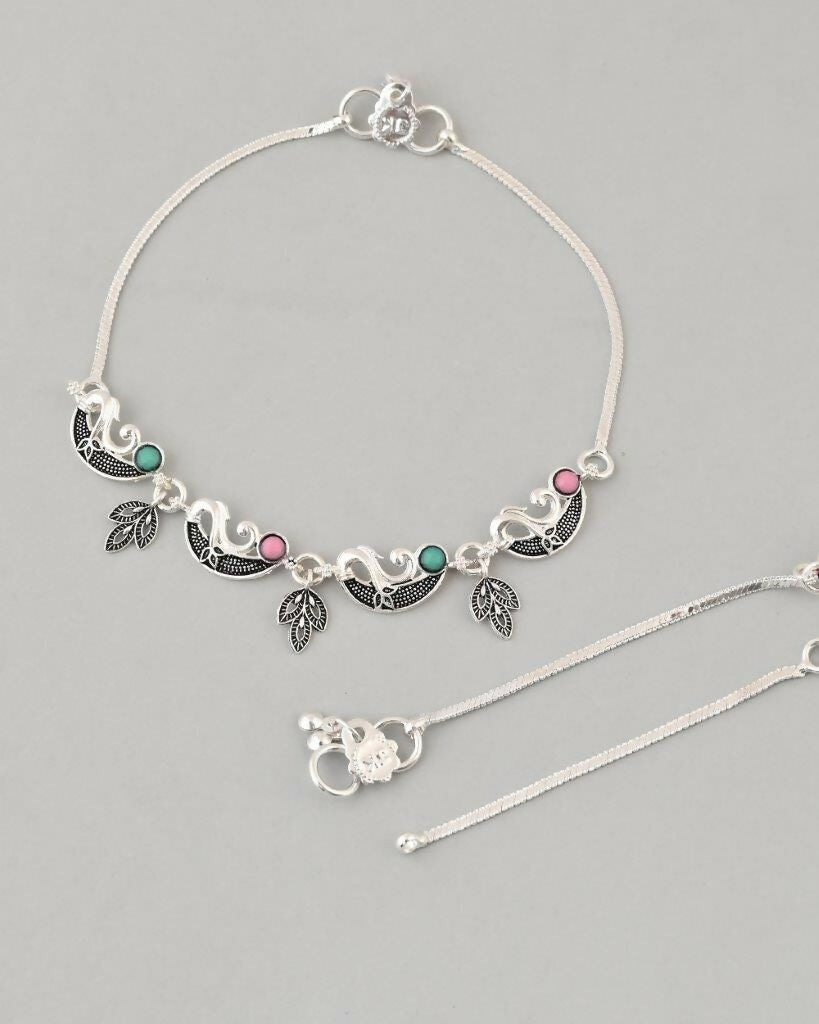 VOJ Set of 2 Silver Plated Multi Color Meenakari Anklet | Grocsy