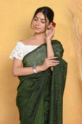 Very Much Indian Mul Cotton Khadi Design Handloom Woven Saree - Green | Grocsy