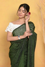 Very Much Indian Mul Cotton Khadi Design Handloom Woven Saree - Green | Grocsy
