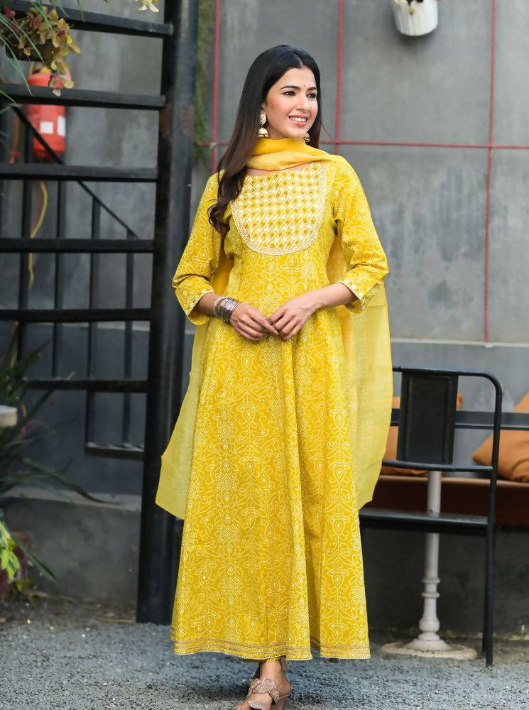 Yufta Women Yellow Handblock Printed Kurti And Trouser With Dupatta | Grocsy
