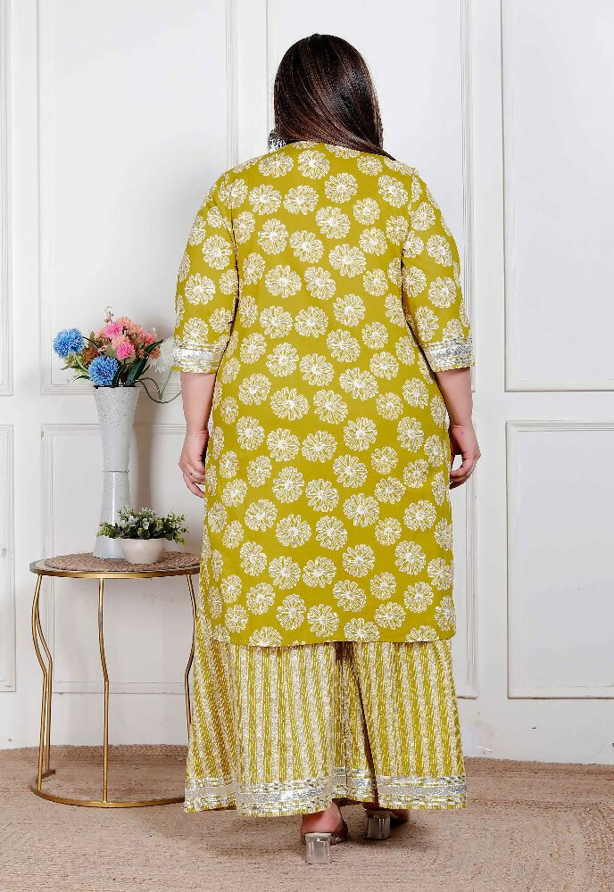 Miravan Plus Size Women'S Lime Yellow Block Printed Kurta With Palazzo | Grocsy
