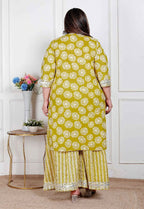 Miravan Plus Size Women'S Lime Yellow Block Printed Kurta With Palazzo | Grocsy