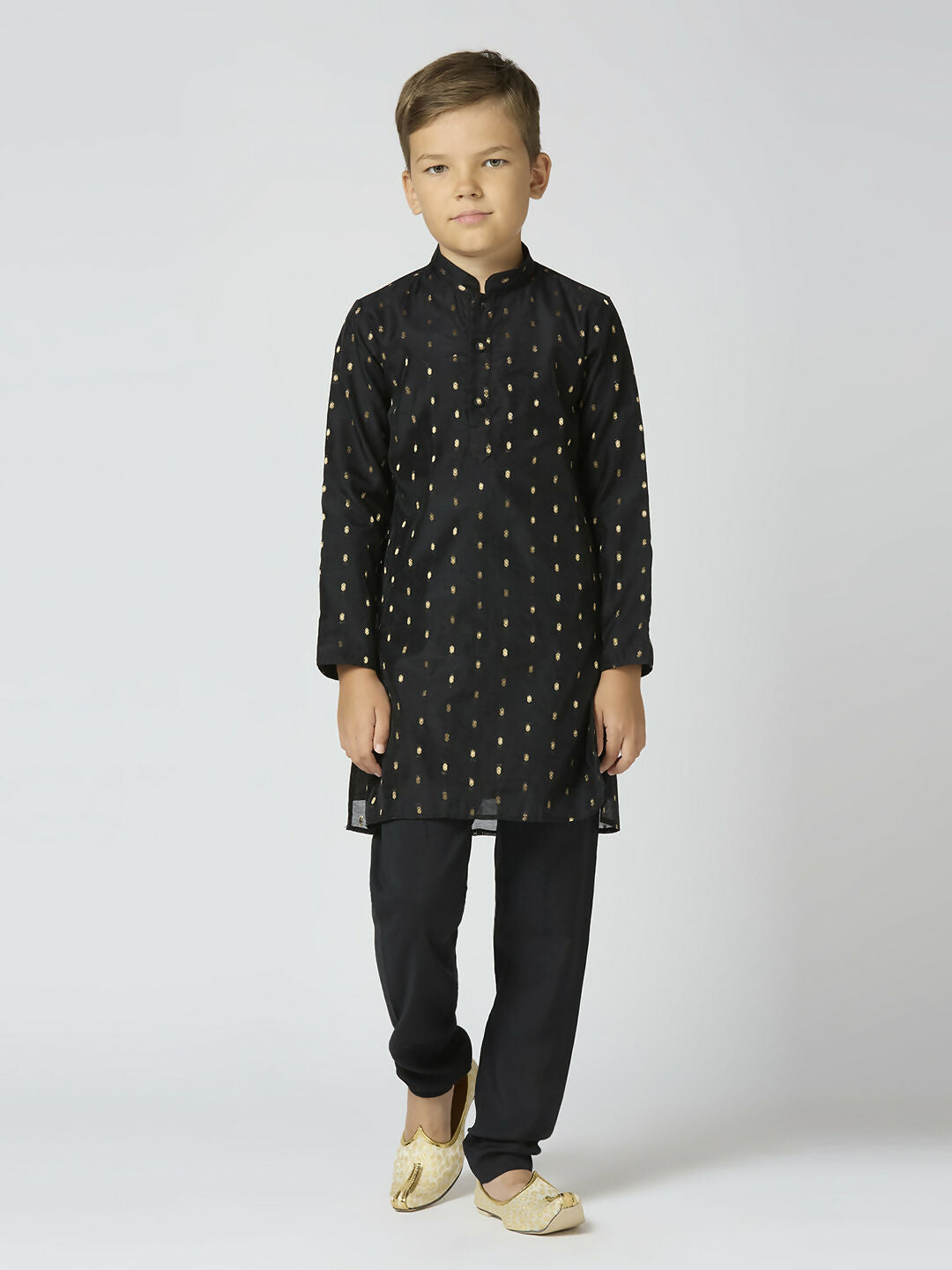 Joban Fashion Kids Island Full Sleeves Chanderi Kurta, Pyjama Set with Traditional Butta Work - Black | Grocsy