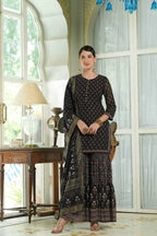Juniper Black Georgette Festive Floral Print Straight Tunic-Sharara For Women | Grocsy