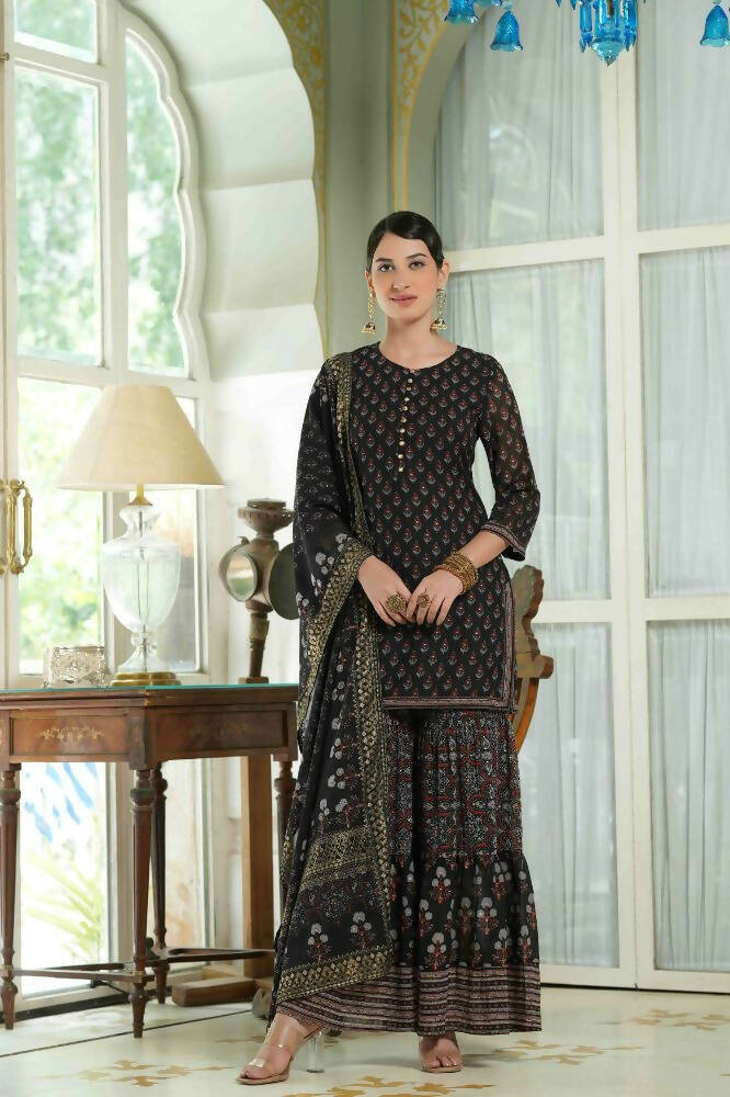 Juniper Black Georgette Festive Floral Print Straight Tunic-Sharara For Women | Grocsy