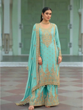 Anaita Sky-Blue Heavy Chinon Readymade Palazzo Suit with Heavy Embroidery Work | Grocsy