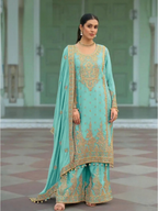 Anaita Sky-Blue Heavy Chinon Readymade Palazzo Suit with Heavy Embroidery Work | Grocsy